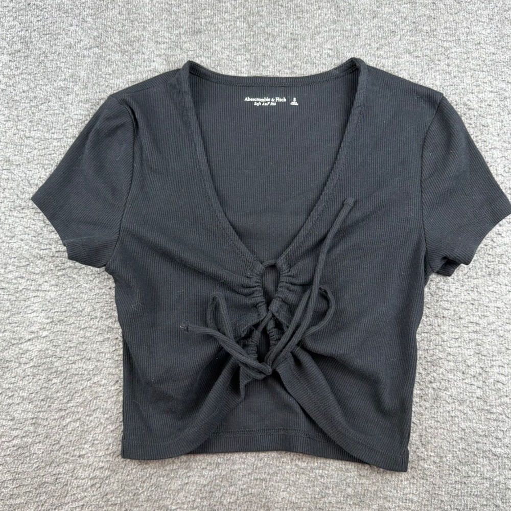 Abercrombie & Fitch Tie Front Top Women's Small Black Ribbed V-Neck Crop‎ Shirt